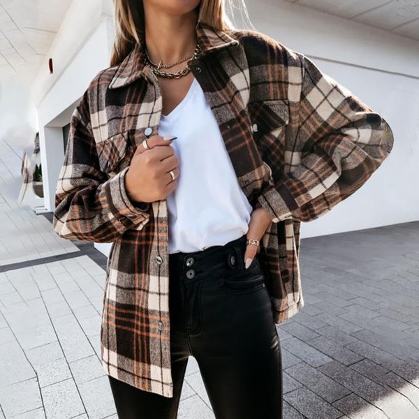 

women lattice print elegant lapel single-breasted loose shirt coat autumn winter lady casual long sleeve jackets, Black;brown