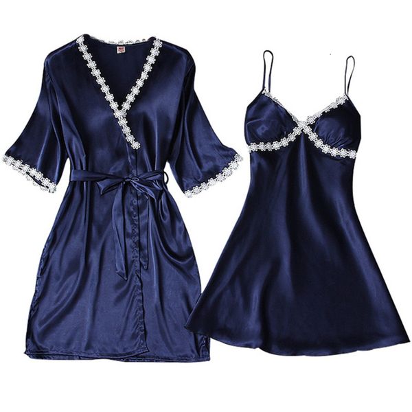 

2021 new summer robe sets for the ny solid women ed in silk ladies v neck with lace sash spaghetti female sleepwear vzta, White