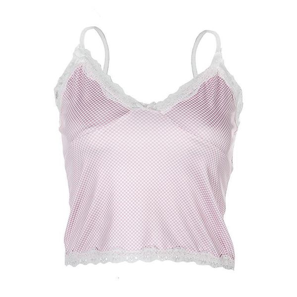 

lace checkered camis women summer v neck sleeveless crop tees plaid backless spaghetti strap asve28032, White