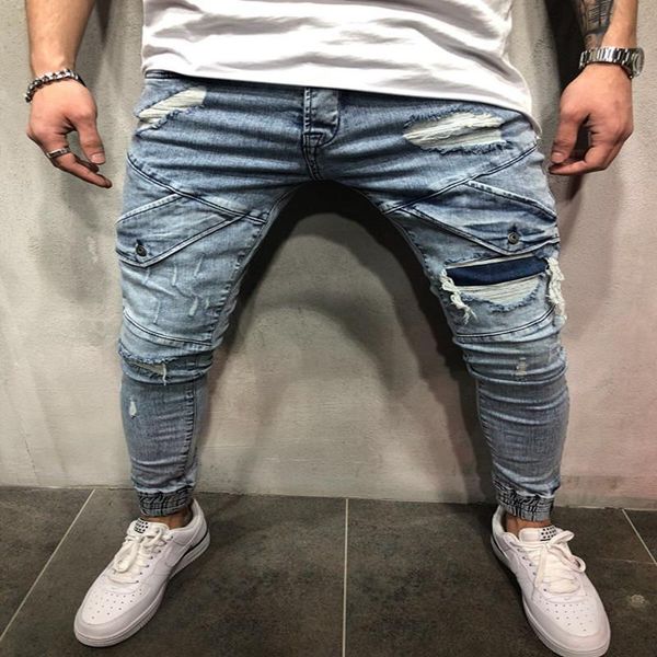

men casual jeans spring and autumn new style washed distressed hole slim-fit jeans male blue pencil pants men denim pants