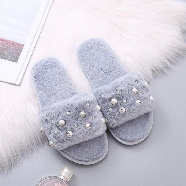 

slippers women's fur winter warm plush non slip home shoes indoor floor bedroom woman fashion soft bottom slipper, Black