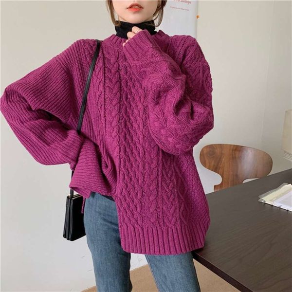 

autumn 2020 loose and versatile round neck twist lazy wind split design purple winter sweater new women, White;black