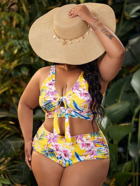 

plus plant print knot bust bikini swimsuit a8ze#, Black