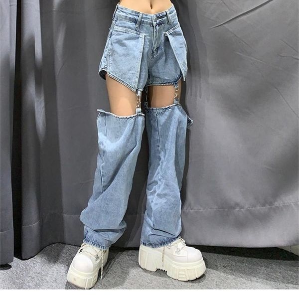 High Street Jeans Frauen Splice Wide Leg Hosen Hip-Hop Baumwolle Lose Retro Kette Abnehmbare Coole Mädchen Damen Denim Hosen Neue 210311