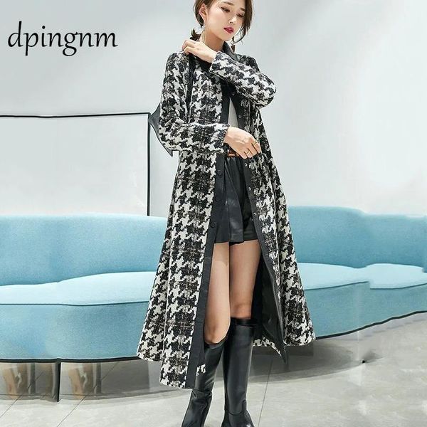 

new women's wool blends coat winter 2021 winter fashion elegant mother turtleneck plaid slim long tweed woolen outerwear female, Black