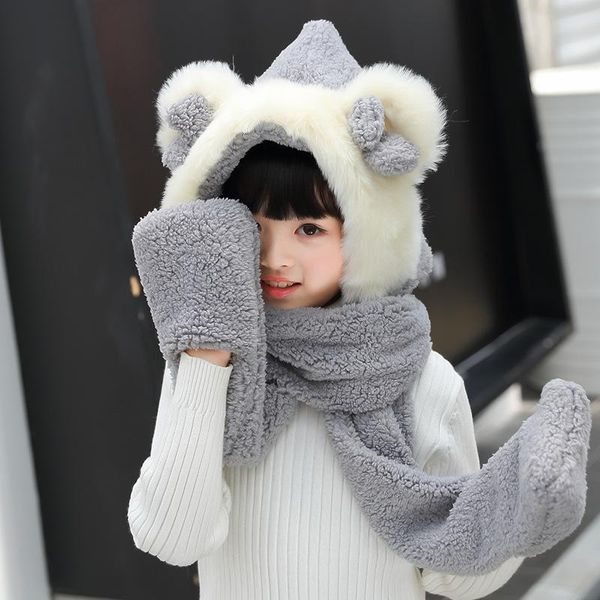 

scarves & wraps cute bear children hats with ears cartoon plush warm girls cap long hat earmuff kid scarf gloves,christmas kids, Red;brown