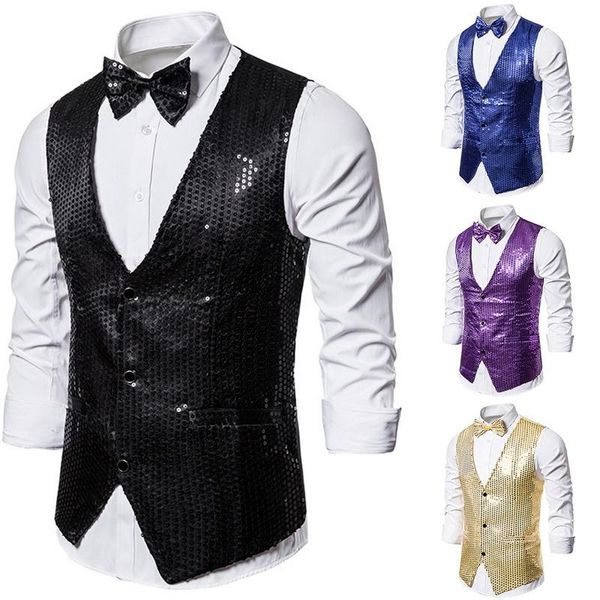 

men's vests shiny chalecos para hombre with bow tie slim chaleco party waistcoat paillette gilet fashion dot design gorgeous vest, Black;white