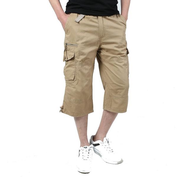 

long length cargo shorts men 2021 summer knee breeches multi pocket casual cotton elastic waist bermudas shorts 5xl, White;black