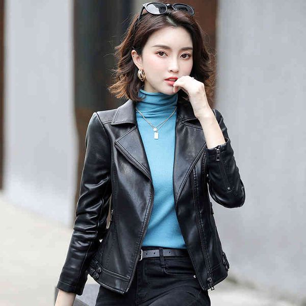 

spring and autumn 2021 fashion small leather women's coat short new high waist washed pu leather slim fit et, Black;brown