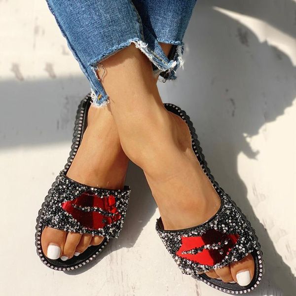 

women slippers summer rhinestone flat slippers female flip flops sandals outdoor beach ladies casual flat shoes, Black