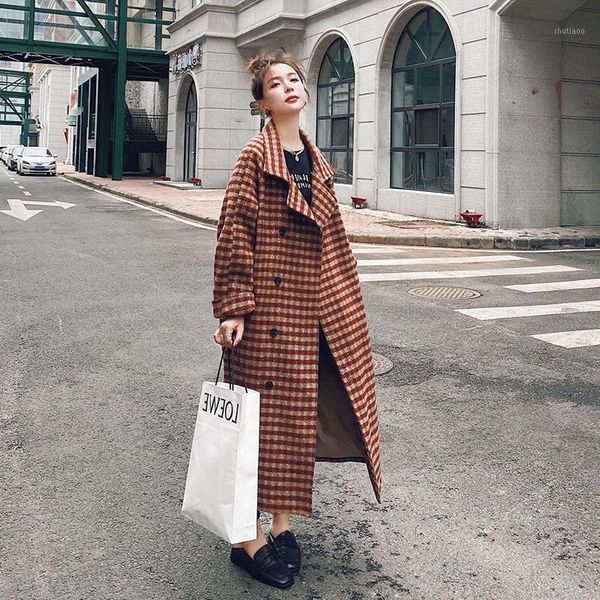 

autumn winter plaid woolen coat women's loose double breasted medium-length outwear classic wool jacket casaco feminino & blends, Black