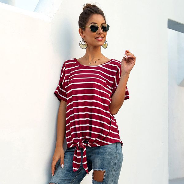 

2021 new o-neck short streetwear striped regular broadcloth cotton sashes msfilia f1t1, White
