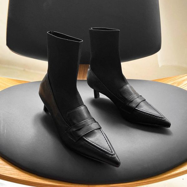 

thick heel short boots women's boots 2021 new spring and autumn socks wild black pointed toe mid-heel elastic