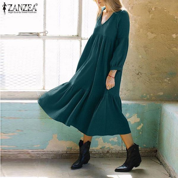

2021 spring women's dresses zanzea elegant ruffle midi vestidos casual solid puff sleeve long sundress holiday robe oversize, Black;gray
