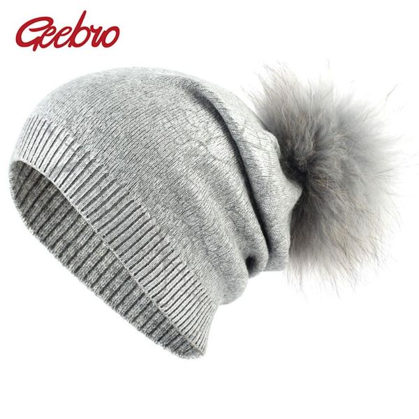 

beanie/skull caps geebro women fashion stone pattern beanies with pompom winter single layer knit cashmere hats casual female skullies cap b, Blue;gray