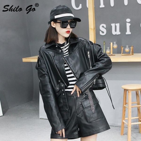 

women's leather & faux moto biker buckle belted jacket women winter casual drop shoulder sheepskin genuine coat solid zipper outwear fe, Black