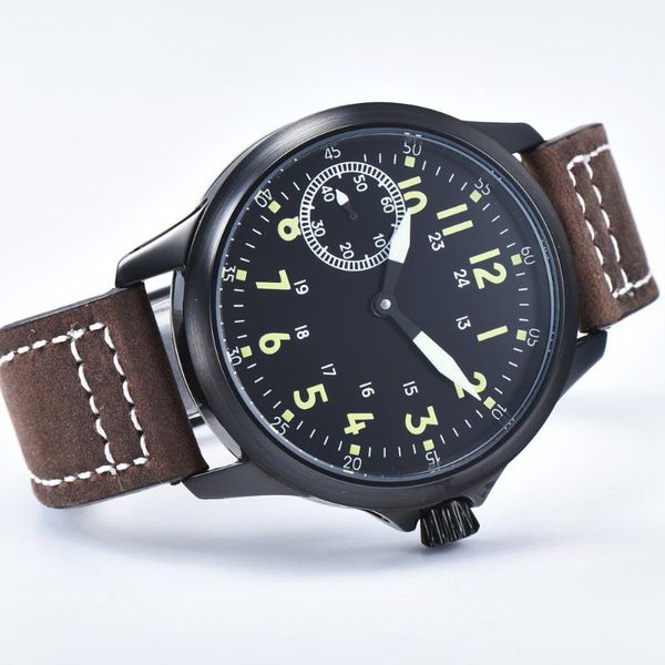 Armbanduhren Marke 44mm Selbstaufzug Herren Mechanische Uhr Schwarzes Zifferblatt 316L Seagull Bewegung Gelbe Markierung Wasserdicht 's