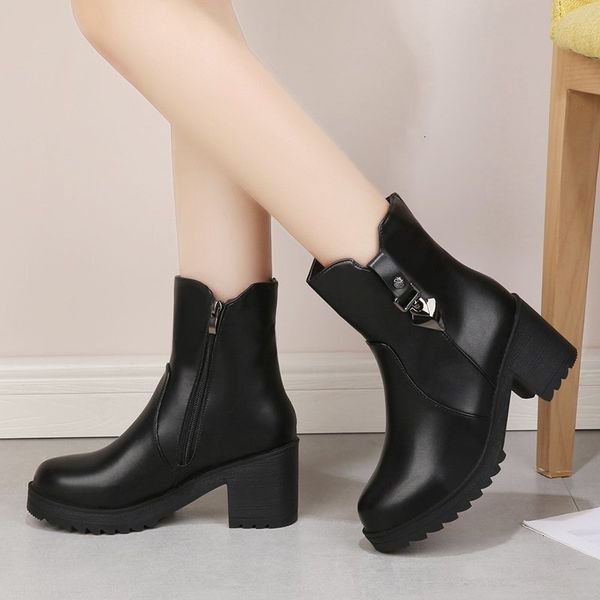

2021 new winter warm plush snow women high heels ankle boots woman fashion metal decoration pu leather shoes 56jj, Black