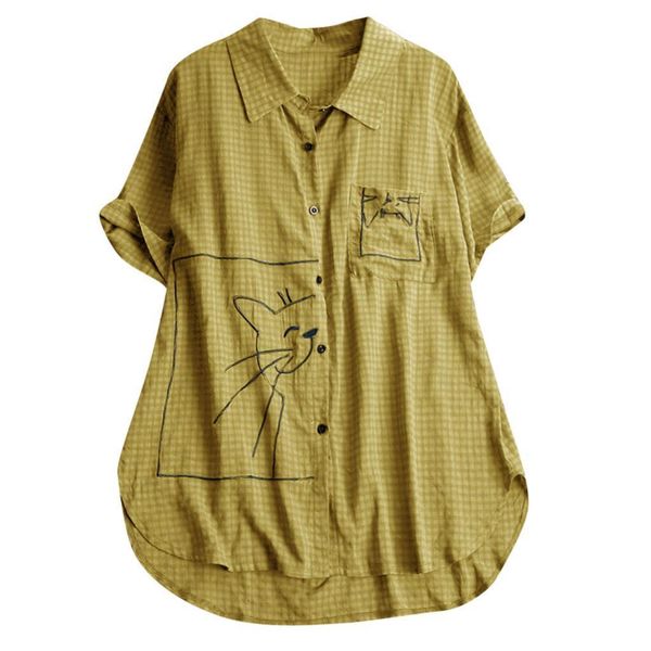 

blouse women large size tunic women cat enbroidery short sleeve button blouse loose turn down shirts collar blusas mujer moda, White