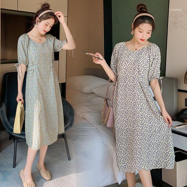 

719# summer floral printed chiffon maternity dress chic ins a line slim clothes for pregnant women elegant casual pregnancy1, White