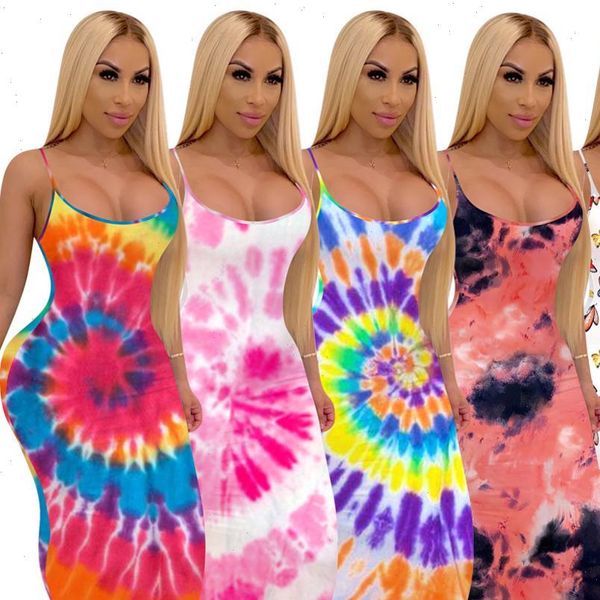 

2021 women summer long maxi dress o neck sleeveless strap tie dye print casual street dresses night club party vestidos gl4025, Black;gray
