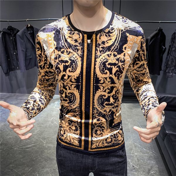 

2021 autumn winter long-sleeved gold veet printed slim o-neck men's fashion brand club casual t-shirt new men h2r3, White;black