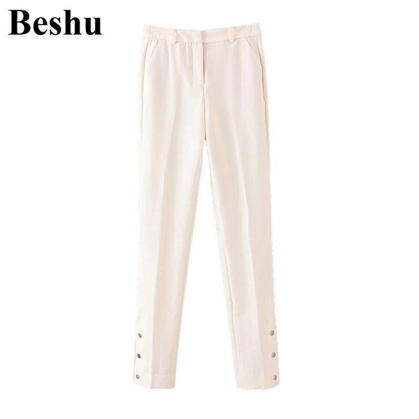 

women's pants & capris za 2021 fashion long women beige cotton blend simple loose elegant white button decoration front flat trousers, Black;white
