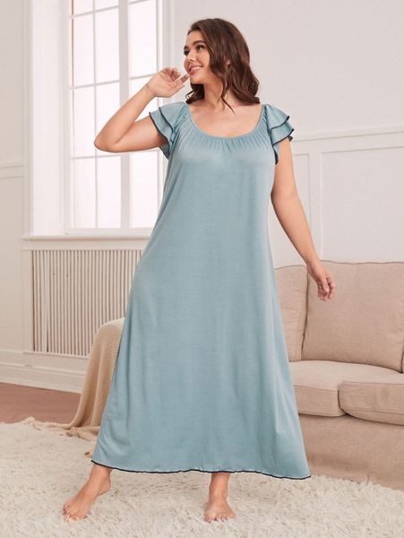 

plus ruffle sleeve night dress 48u1#, Black;white