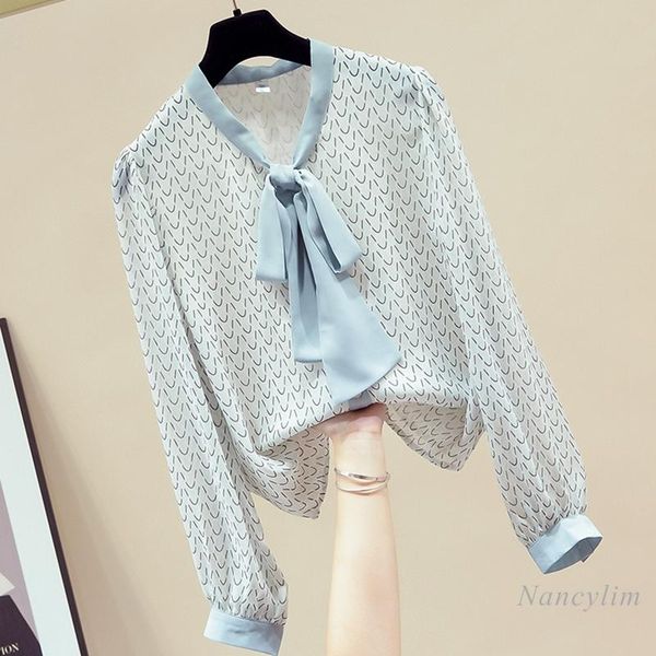 

women's blouses & shirts 2021 spring summer print chiffon shirt fashion bow tied collar long sleeve office lady blusas mujer nancylim, White