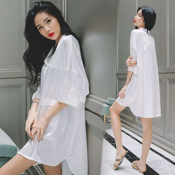 

2021 new summer dress cozy cool sleepwear womens pajamas solid color white shirt medium length half sleeve nightie female