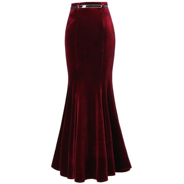 

plus size 5xl autumn vintage velvet black maxi long mermaid skirt fashion women elegant velour skirts with belt 210702