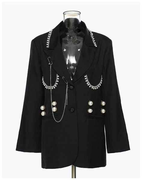 

women's suits & blazers high street est 2021 designer jacket bead decoration chain long-sleeved blazer, White;black