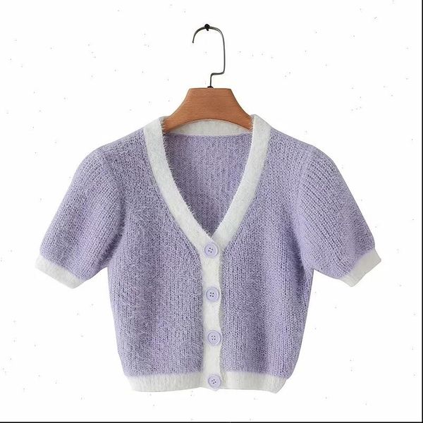 

2021 fashion sweater women kawaii crop cardigan button up neck crop sweater short soft knitted cardigan soft purple pink green, White;black