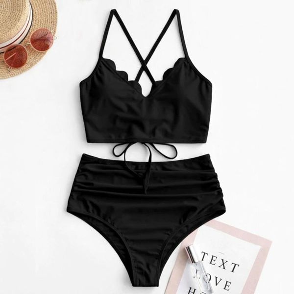 

women's swimwear swimsuit female bikini set beach wear push up high waist women scalloped lace-up ruched tankini beachwear biquini, White;black