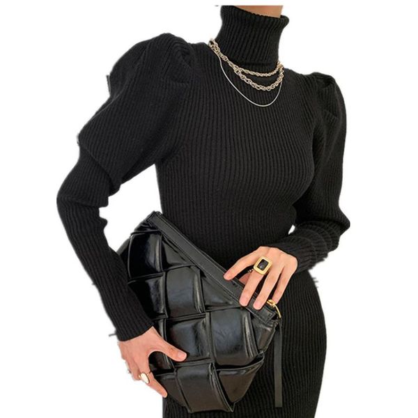 

casual dresses vintage french style puff sleeve sweater dress women turtleneck slim package hip split knitted, Black;gray
