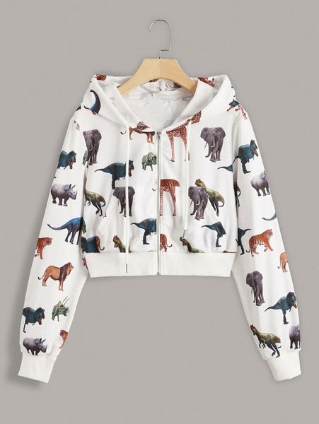 

animal print drawstring hooded crop sweatshirt j3bh#, White;black