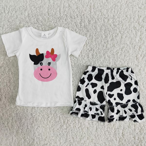 

new design baby girls clothes set fashion kids designer clothes girls boutique wholesale cow ruffle shorts kids boutique clothing outfits, White