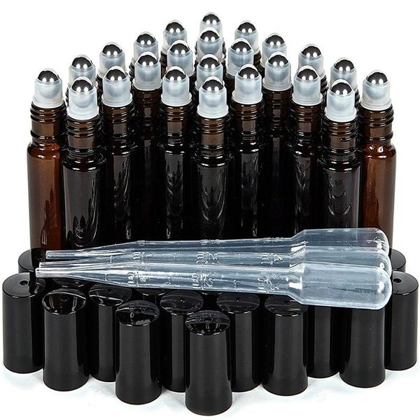 

24pcs 10ml empty amber glass roll-on bottles for perfume aromathe with stainless steel roller balls. 3 - 3 ml droppers included