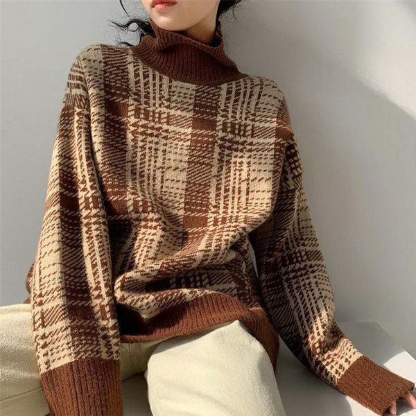 

women's sweaters women plaid turtleneck sweater vintage oversized long sleeve pullover knitted female korean casual loose pull femme, White;black