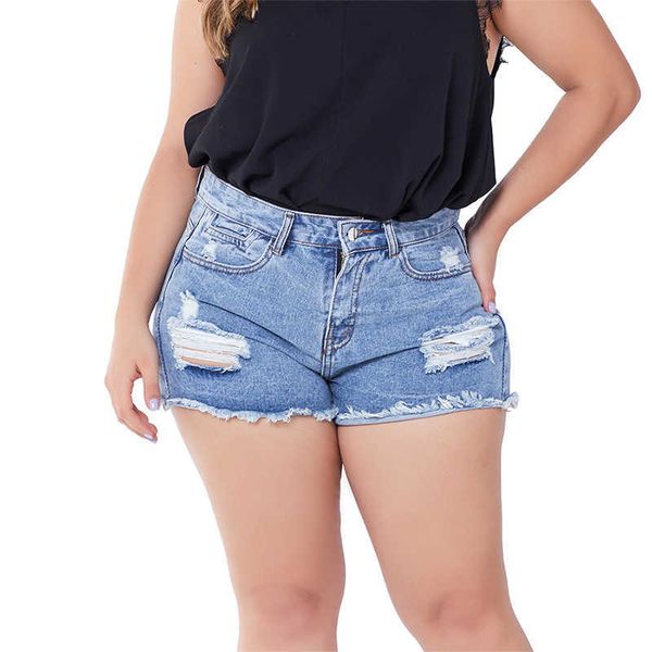 

jeans women's shorts with large holes and rough ees fat mm, Blue