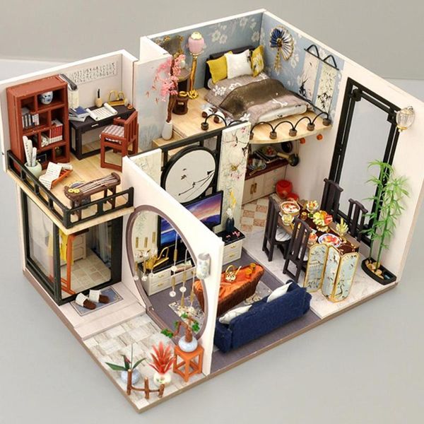 

decorative objects & figurines diy house chinese loft music movement dollhouse miniature with led,furniture hand assembled model creative to