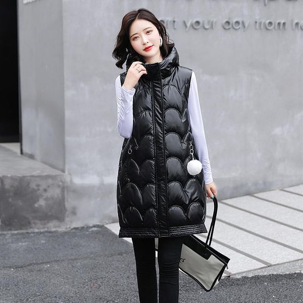 

women's vests glossy long winter solid hooded zipper thick ladies casual sleeveless jacket pockets puffer vest for female 2021, Black;white