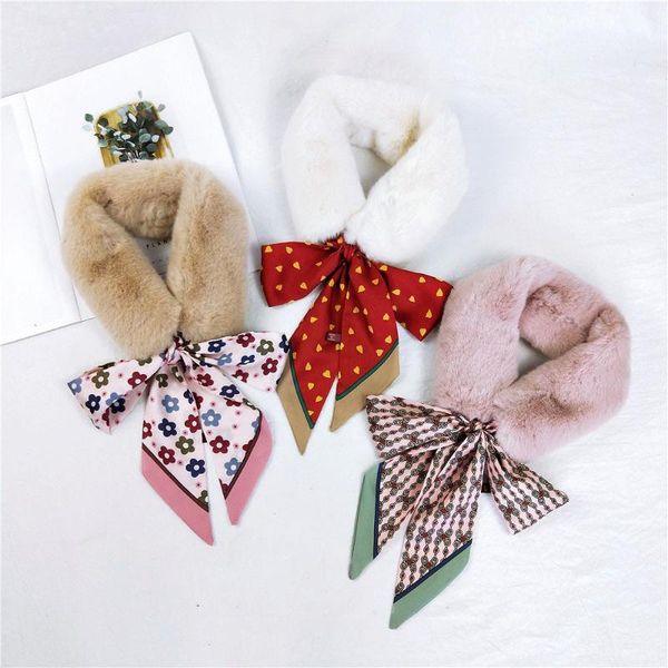 

scarves 2021 fall winter elegant white black faux fur collar scarf neck women heart polka dot foral animal printed, Blue;gray