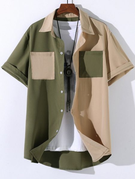 

men colorblock patched pocket shirt without tee y32m#, White;black