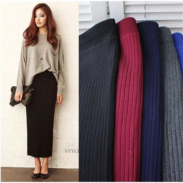

2021 new autumn and winter knitted thicker long women office package hip maxi skirt lady chic rib knit pencil midi skirts fr0z, Black