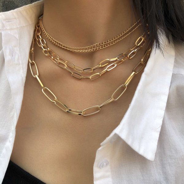 

jewelry personality geometric level creative female punk multi layer mix chain necklace, Silver