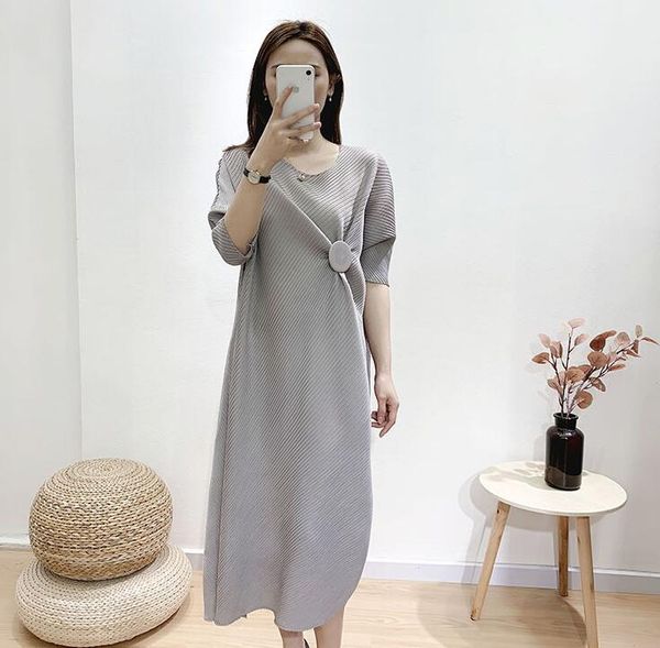 

miyake pleated dress women summer 2021 small circle long dress twill korean clothes fashion loose plus size irregular dress2021, Black;gray
