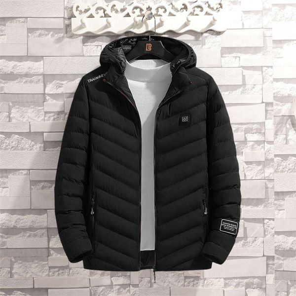 

charging heating jacket man's intelligent whole body temperature control electric heating down cotton padded jacket winter warm cotton, Black