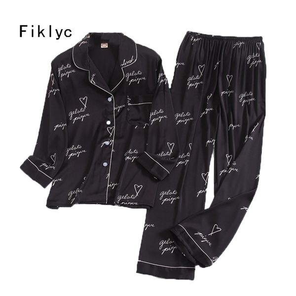 Fiklyc Underwear Letra de Seda Faux Impressão Sexy Mulheres Primavera de Manga Longa Calças Pijamas Conjuntos Bonito Lindo Nightwear 210901