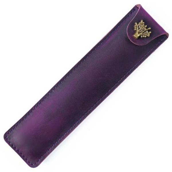 

pencil bags genuine leather pen pouch holder single bag case with snap button for rollerball fountain ballpoint pen-purple